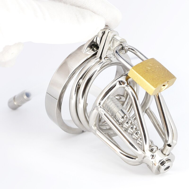 Spiked Metal Chastity Cage with Urethral Catheter - Male Chastity Device - ChastityBondage