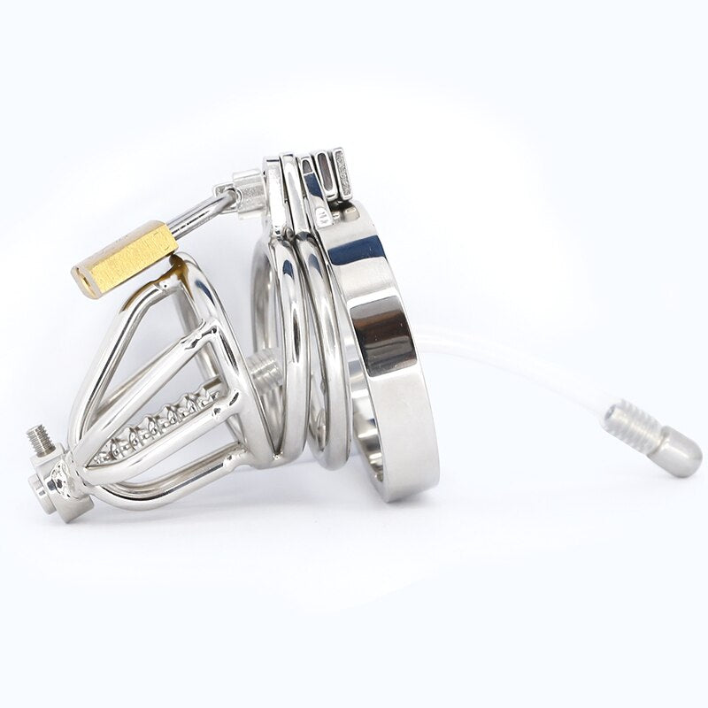 Spiked Metal Chastity Cage with Urethral Catheter - Male Chastity Device - ChastityBondage