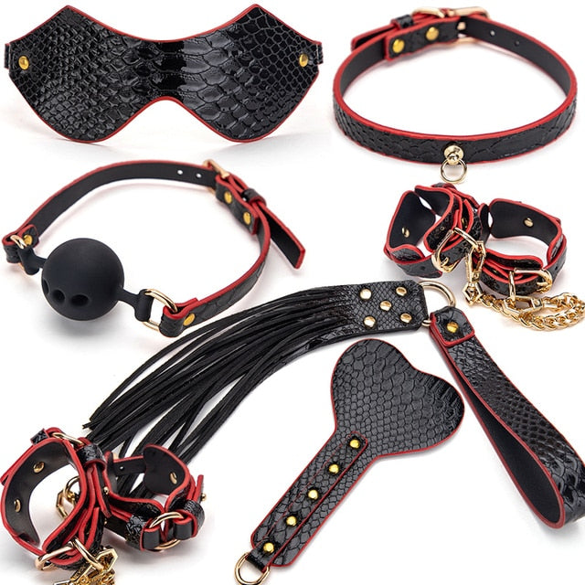 Luxury Bondage Kit - 9 pcs PU Leather BDSM Gears For Punishment and Slave Play - ChastityBondage