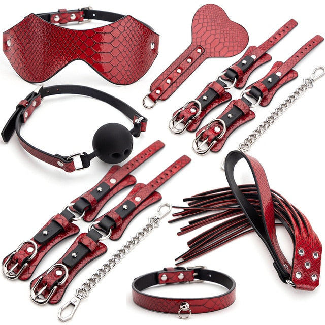 Luxury Bondage Kit - 9 pcs PU Leather BDSM Gears For Punishment and Slave Play - ChastityBondage