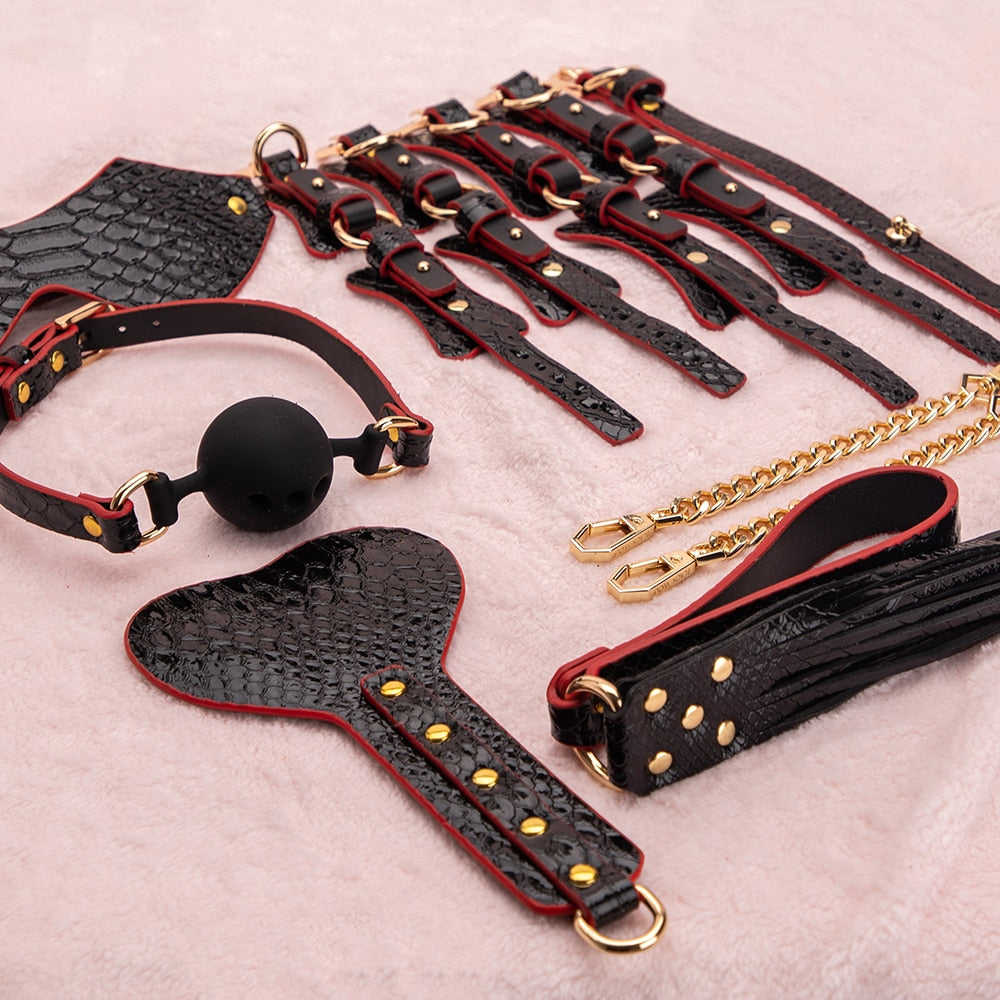 Luxury Bondage Kit - 9 pcs PU Leather BDSM Gears For Punishment and Slave Play - ChastityBondage