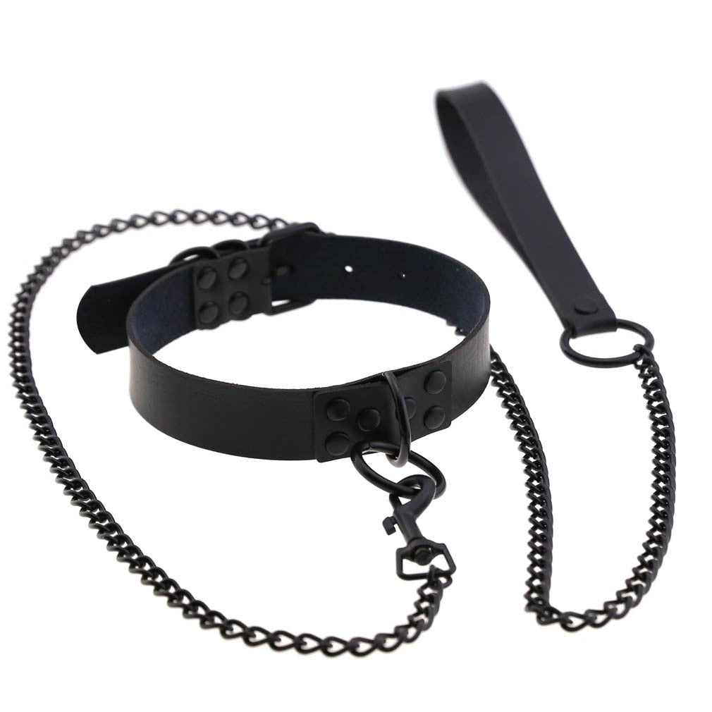 Bondage Collar with Slave Leash: Steel Dog Chain Rivet Choker for BDSM Role Play - ChastityBondage