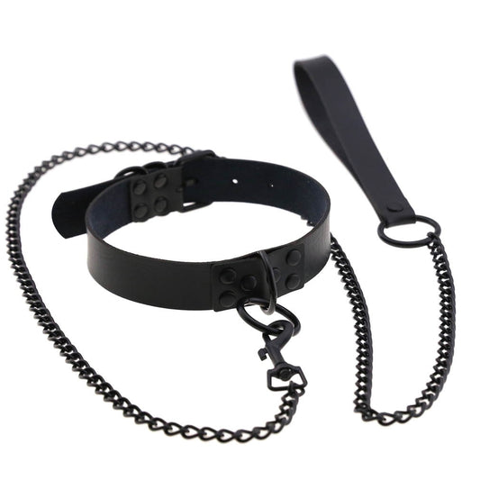 Bondage Collar with Slave Leash: Steel Dog Chain Rivet Choker for BDSM Role Play - ChastityBondage