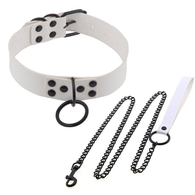Bondage Collar with Slave Leash: Steel Dog Chain Rivet Choker for BDSM Role Play - ChastityBondage