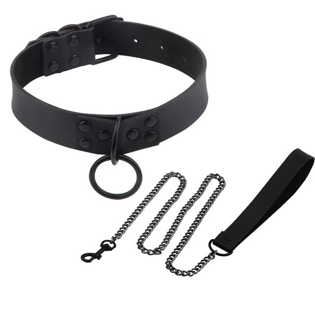 Bondage Collar with Slave Leash: Steel Dog Chain Rivet Choker for BDSM Role Play - ChastityBondage