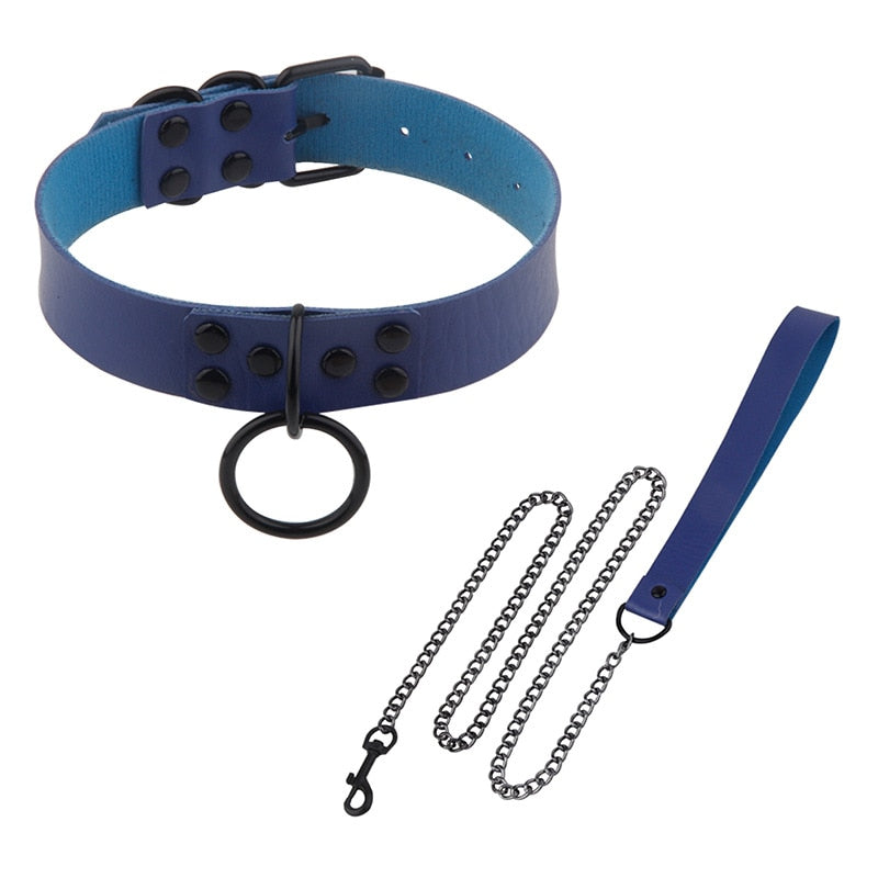 Bondage Collar with Slave Leash: Steel Dog Chain Rivet Choker for BDSM Role Play - ChastityBondage