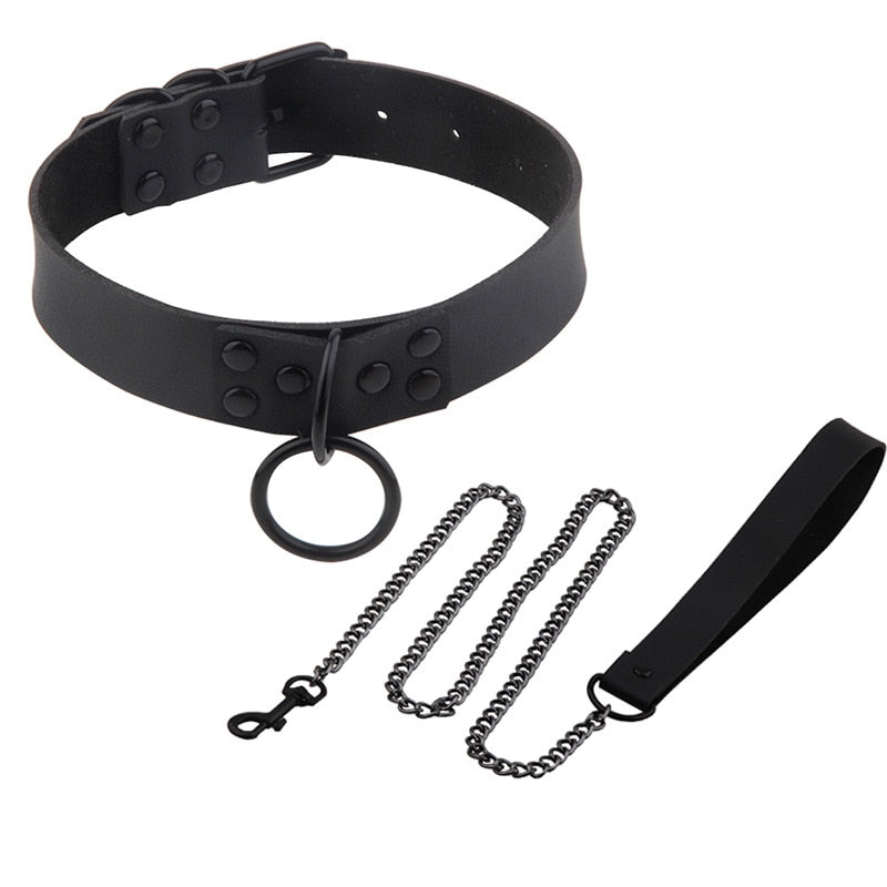 Bondage Collar with Slave Leash: Steel Dog Chain Rivet Choker for BDSM Role Play - ChastityBondage