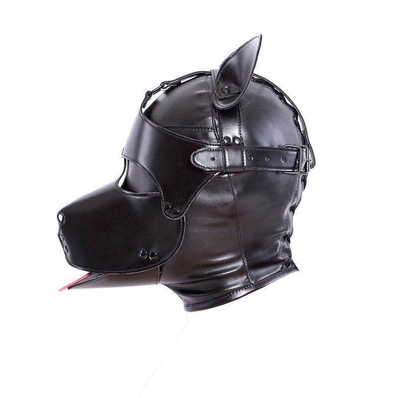 BDSM Restraint Hood: Black Microfiber Leather Dog Puppy Head Harness for Roleplay - ChastityBondage