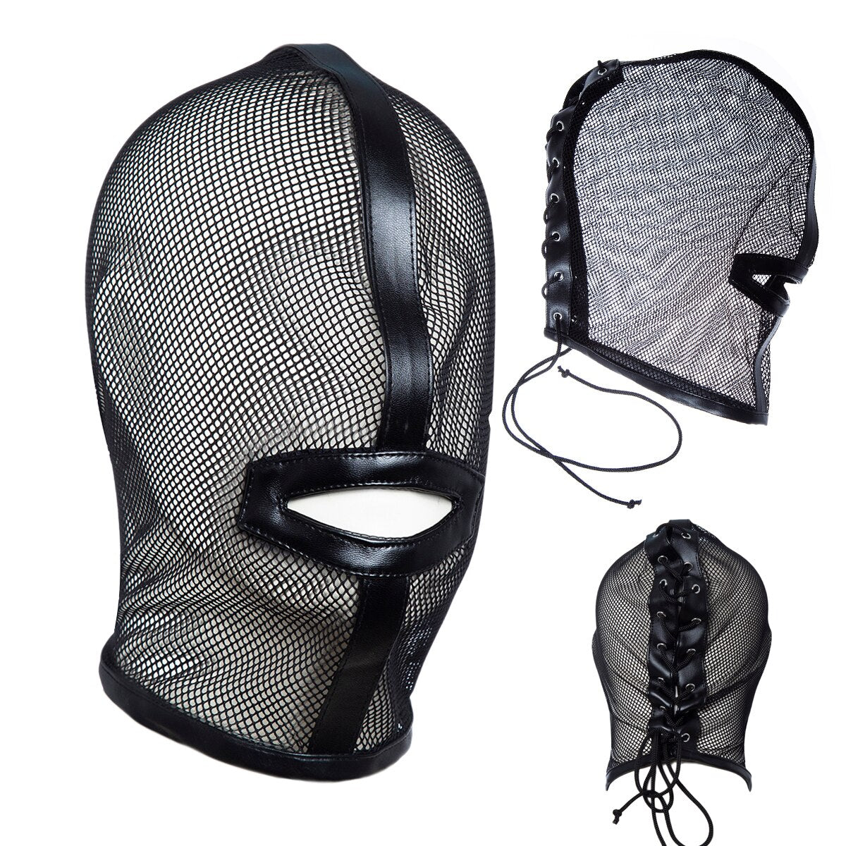 BDSM Bondage Headgear: Mesh Head Hood with Open Mouth Harness for Slave Play - ChastityBondage