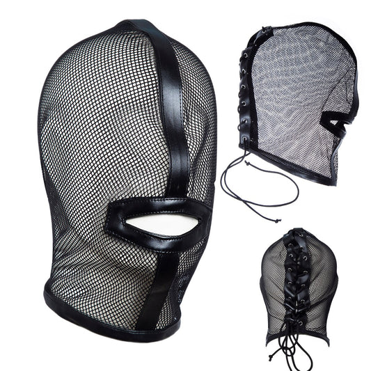 BDSM Bondage Headgear: Mesh Head Hood with Open Mouth Harness for Slave Play - ChastityBondage