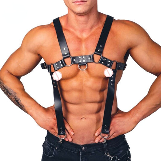 Leather Body Harness- Suspenders Men BDSM Adjustable Chest Bondage Harness Clothes - ChastityBondage