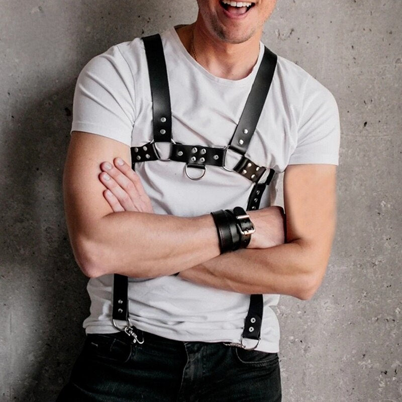 Leather Body Harness- Suspenders Men BDSM Adjustable Chest Bondage Harness Clothes - ChastityBondage