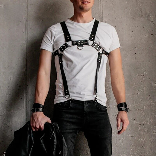Leather Body Harness- Suspenders Men BDSM Adjustable Chest Bondage Harness Clothes - ChastityBondage