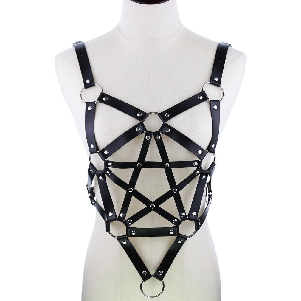 Harness Lingerie - Leather Body Harness with Metal Chain and Hollow Out Design - ChastityBondage