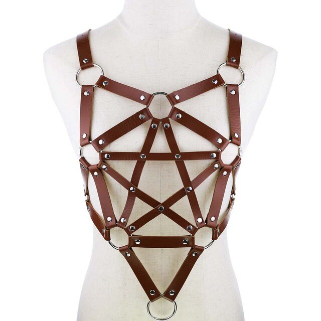 Harness Lingerie - Leather Body Harness with Metal Chain and Hollow Out Design - ChastityBondage