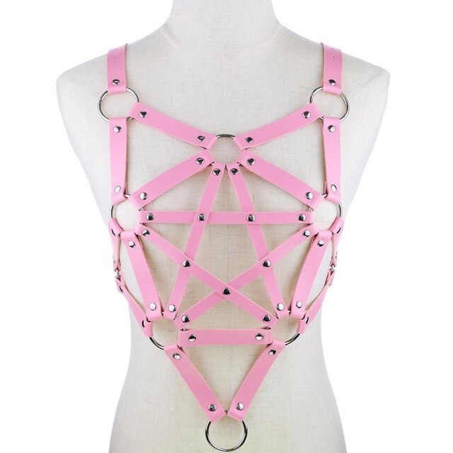 Harness Lingerie - Leather Body Harness with Metal Chain and Hollow Out Design - ChastityBondage