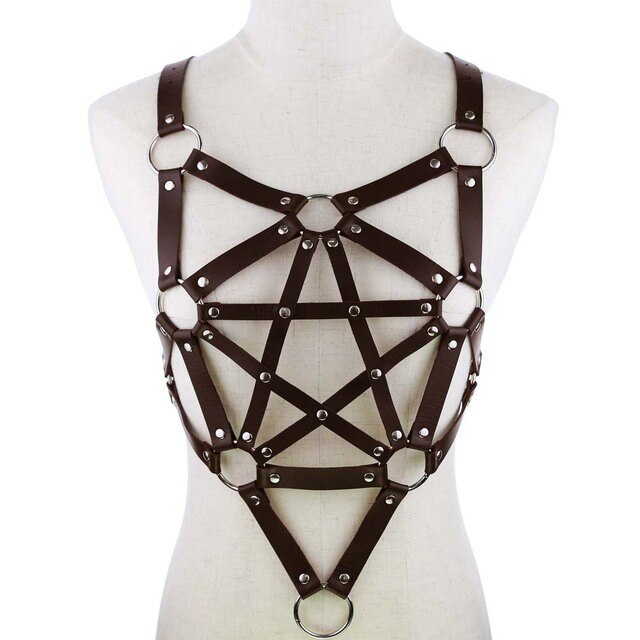 Harness Lingerie - Leather Body Harness with Metal Chain and Hollow Out Design - ChastityBondage
