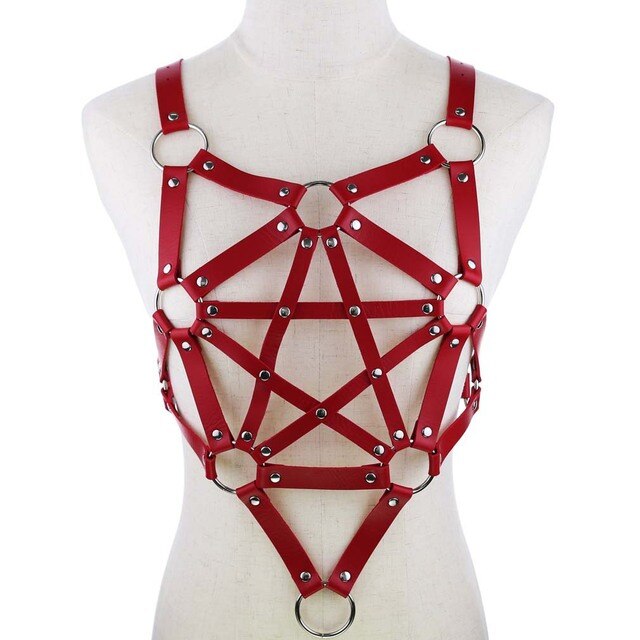 Harness Lingerie - Leather Body Harness with Metal Chain and Hollow Out Design - ChastityBondage