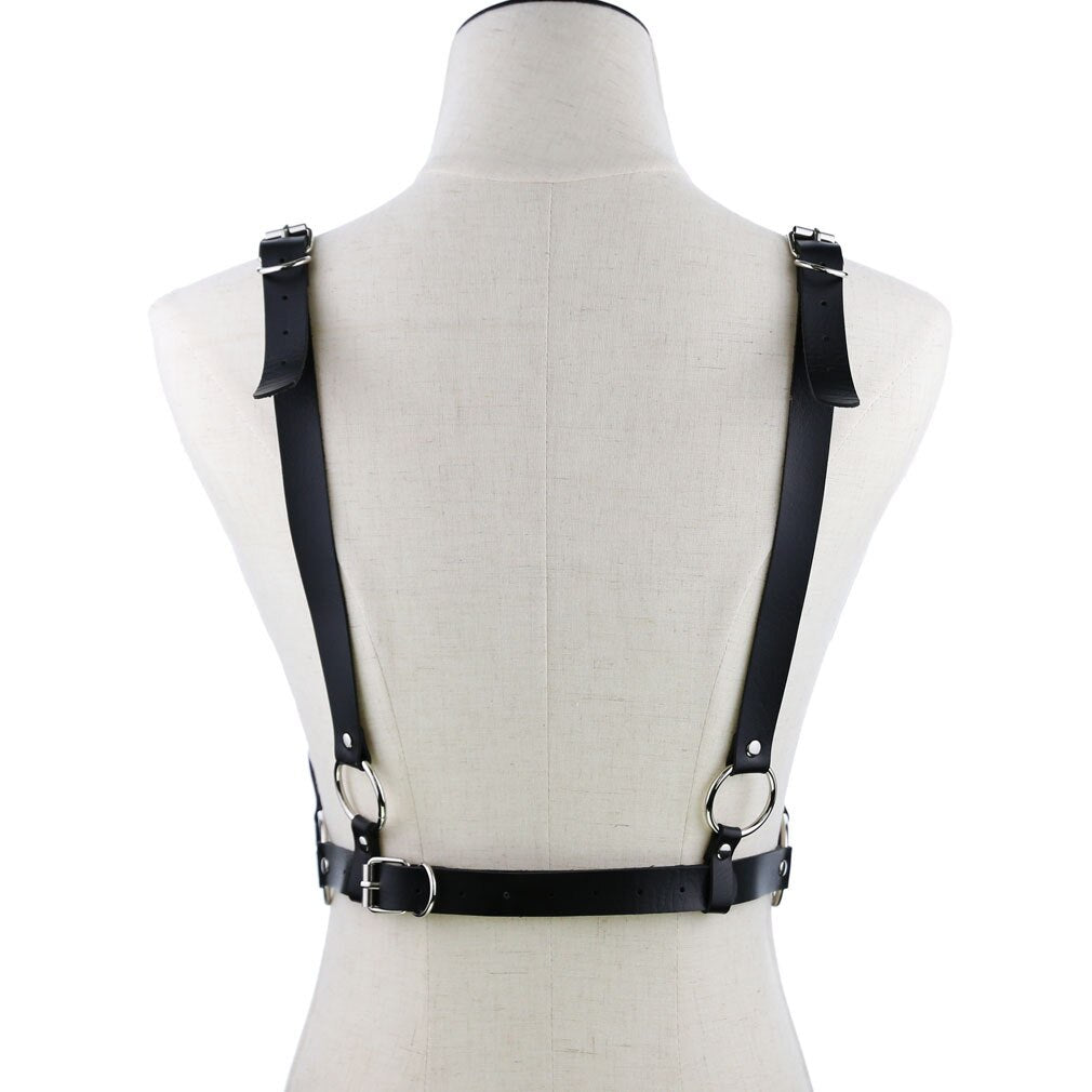 Harness Lingerie - Leather Body Harness with Metal Chain and Hollow Out Design - ChastityBondage