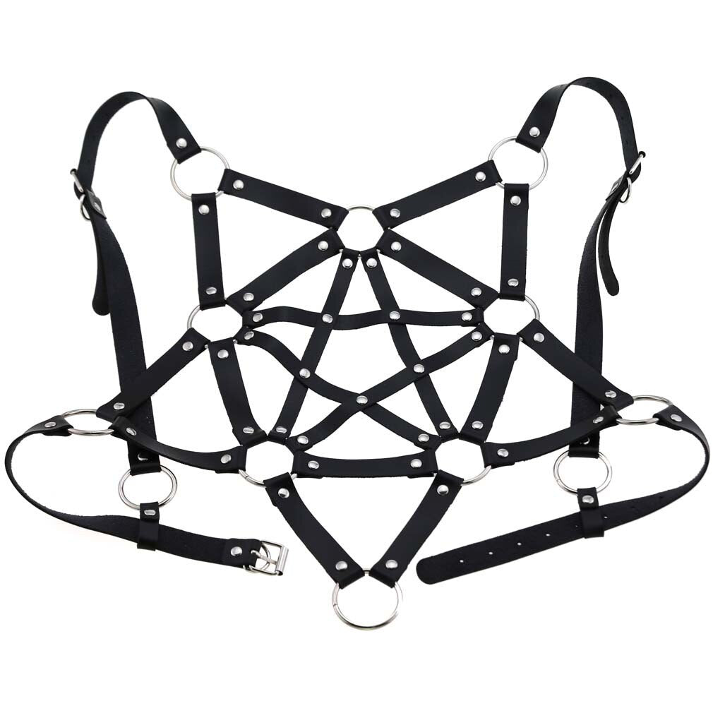 Harness Lingerie - Leather Body Harness with Metal Chain and Hollow Out Design - ChastityBondage