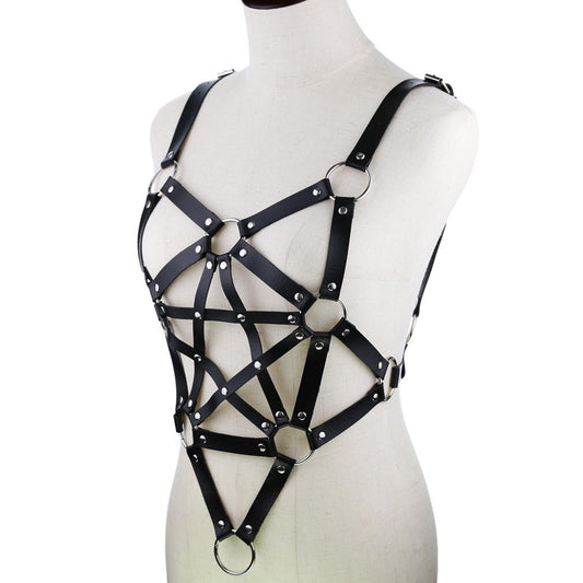 Harness Lingerie - Leather Body Harness with Metal Chain and Hollow Out Design - ChastityBondage