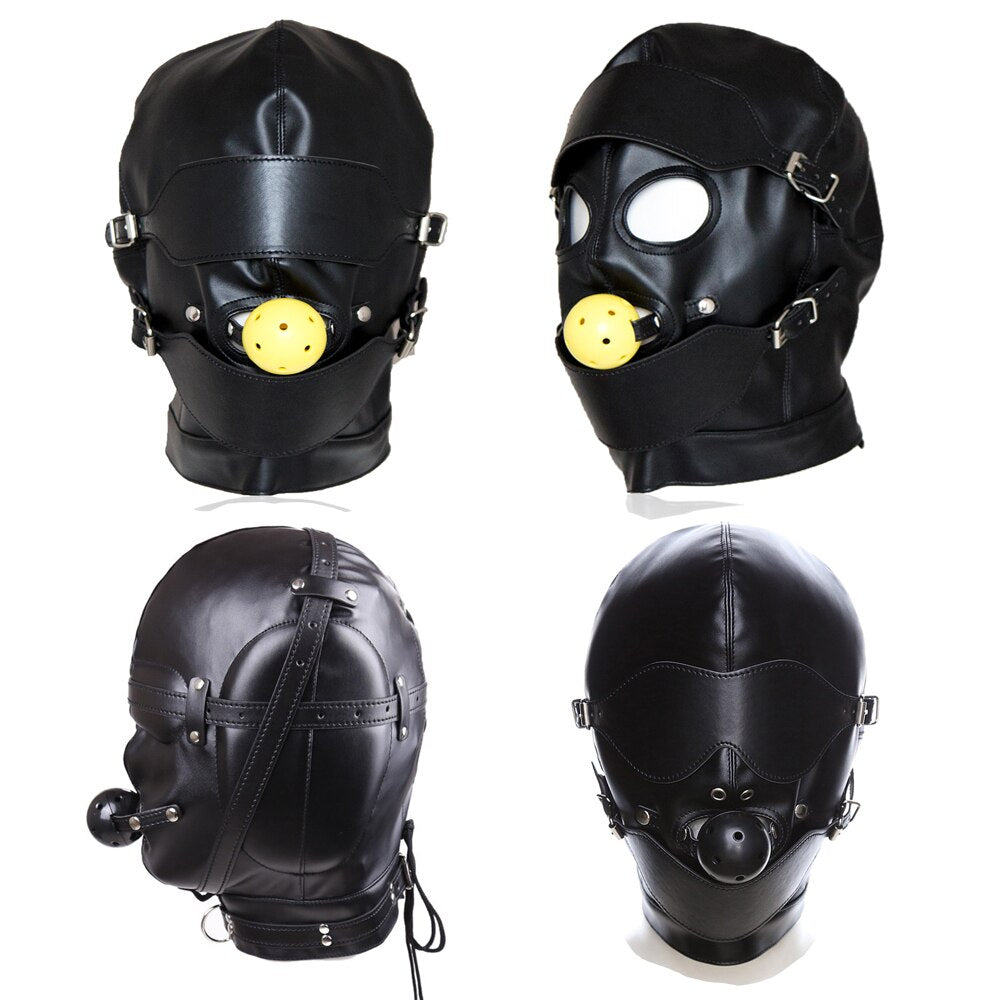 BDSM Full-Cover Head Harness Hood with Open Mouth Ball Gag: Leather Slave Headgear for Adult Sex Play - ChastityBondage