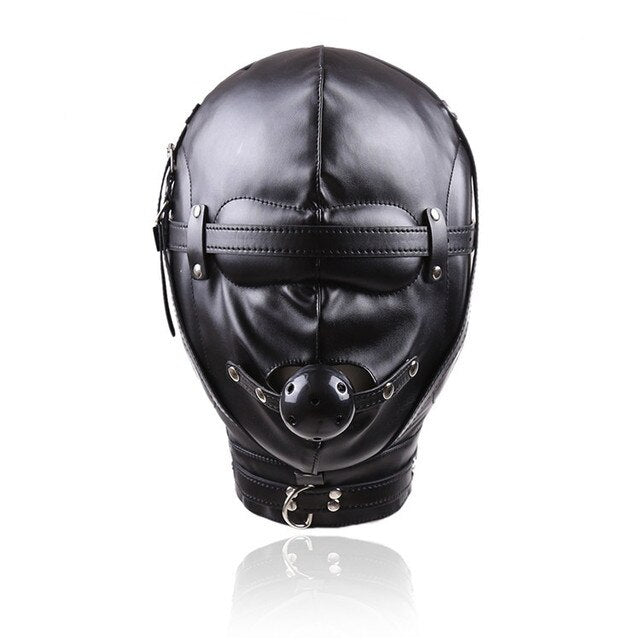 BDSM Full-Cover Head Harness Hood with Open Mouth Ball Gag: Leather Slave Headgear for Adult Sex Play - ChastityBondage