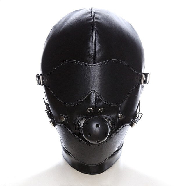 BDSM Full-Cover Head Harness Hood with Open Mouth Ball Gag: Leather Slave Headgear for Adult Sex Play - ChastityBondage
