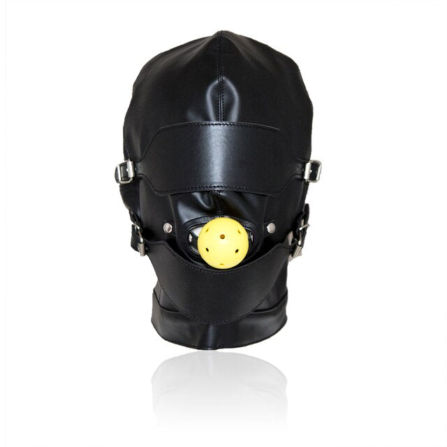 BDSM Full-Cover Head Harness Hood with Open Mouth Ball Gag: Leather Slave Headgear for Adult Sex Play - ChastityBondage
