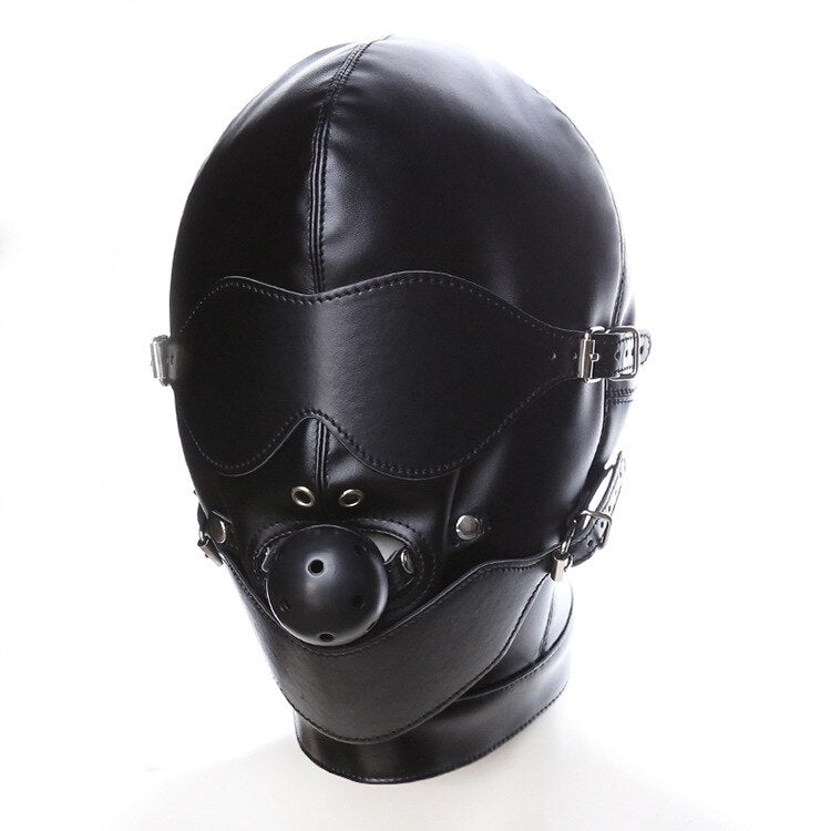 BDSM Full-Cover Head Harness Hood with Open Mouth Ball Gag: Leather Slave Headgear for Adult Sex Play - ChastityBondage