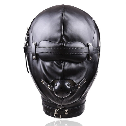 BDSM Full-Cover Head Harness Hood with Open Mouth Ball Gag: Leather Slave Headgear for Adult Sex Play - ChastityBondage