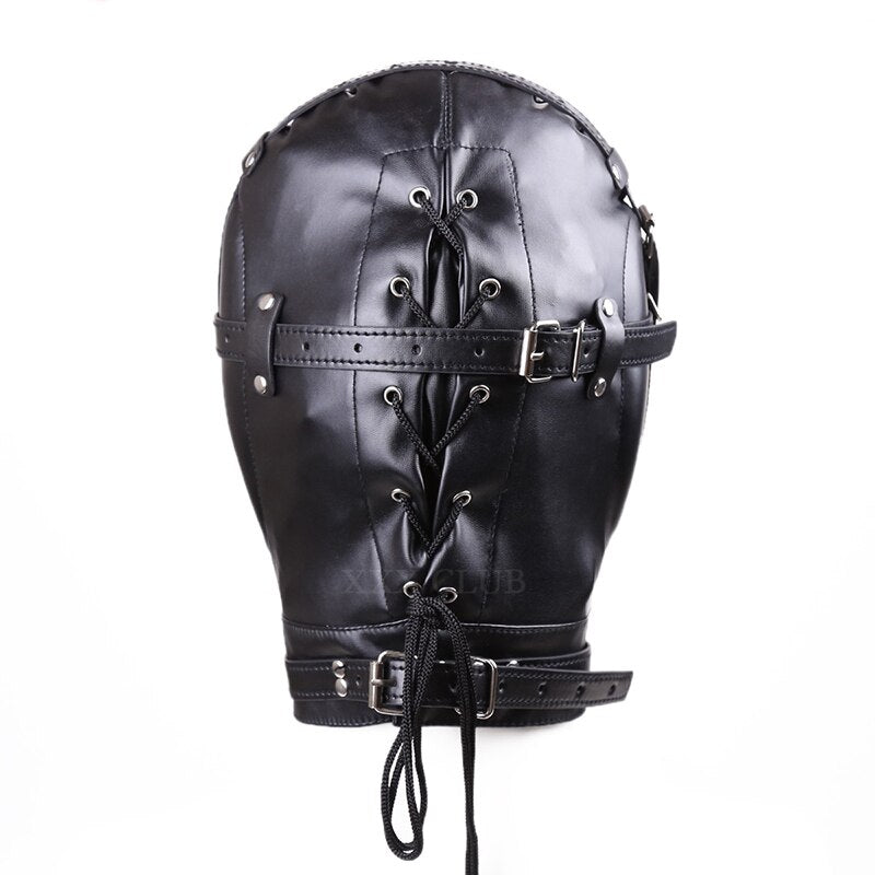BDSM Full-Cover Head Harness Hood with Open Mouth Ball Gag: Leather Slave Headgear for Adult Sex Play - ChastityBondage