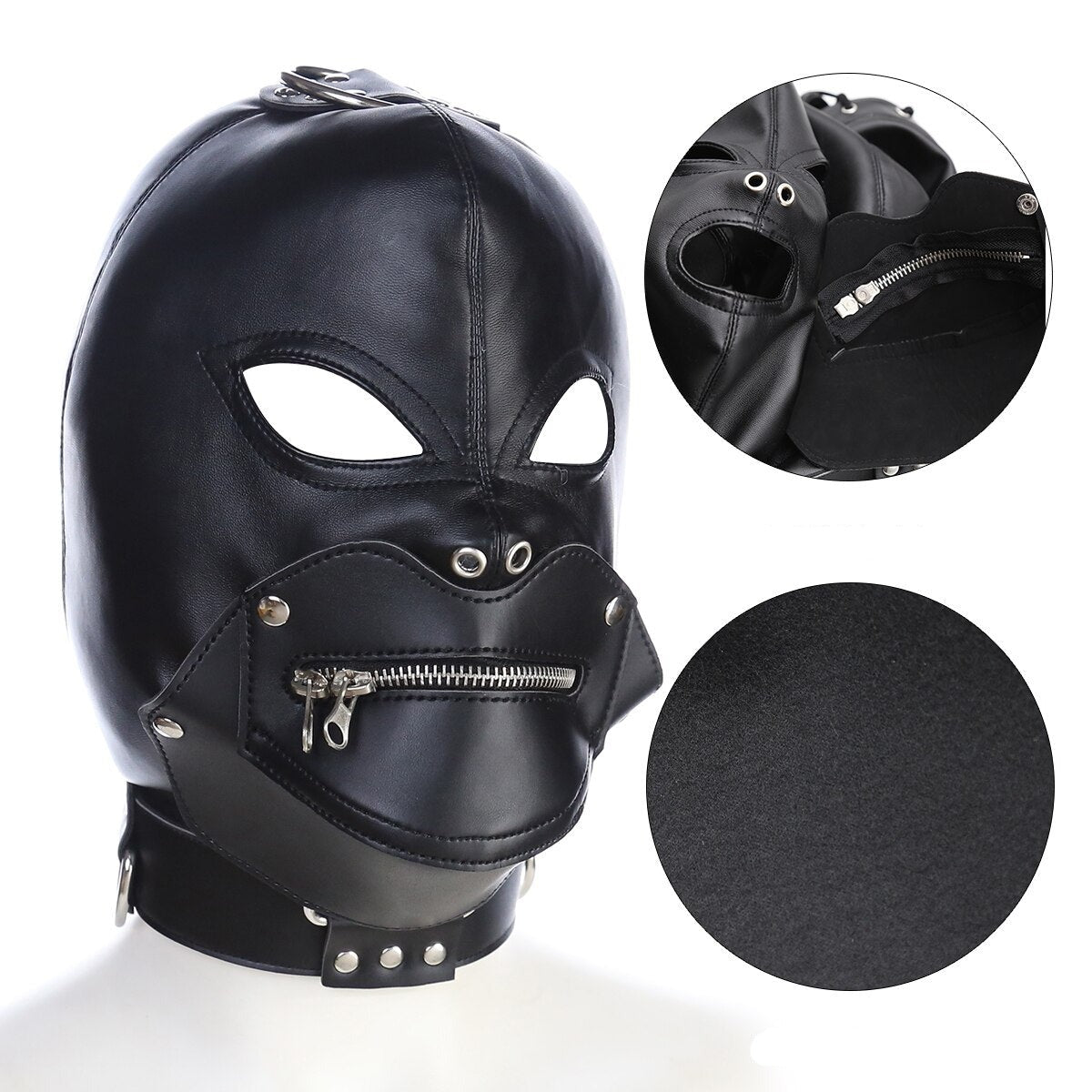 BDSM Headgear- Harness Hood with Blindfold, Mouth Zipper - ChastityBondage
