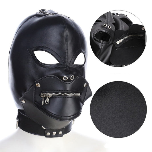 BDSM Headgear- Harness Hood with Blindfold, Mouth Zipper - ChastityBondage