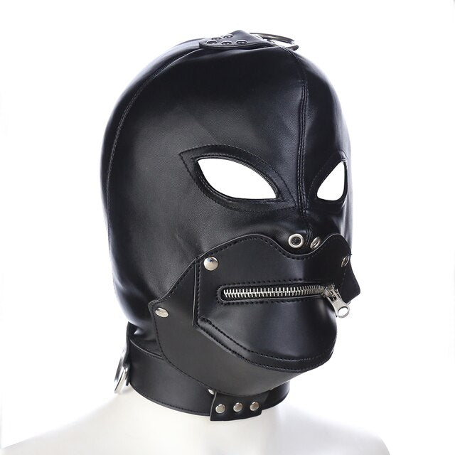 BDSM Headgear- Harness Hood with Blindfold, Mouth Zipper - ChastityBondage