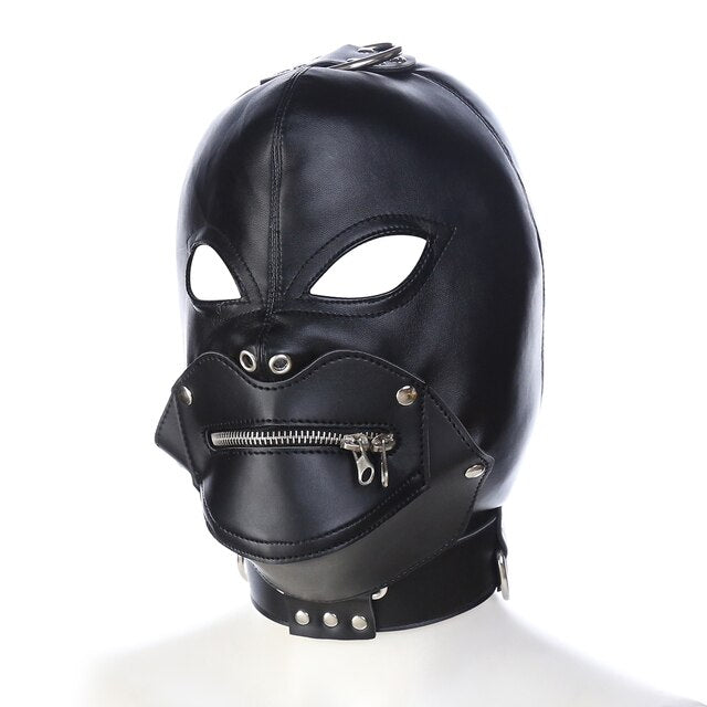 BDSM Headgear- Bondage Head Harness in Faux Leather with Mouth Zipper - ChastityBondage