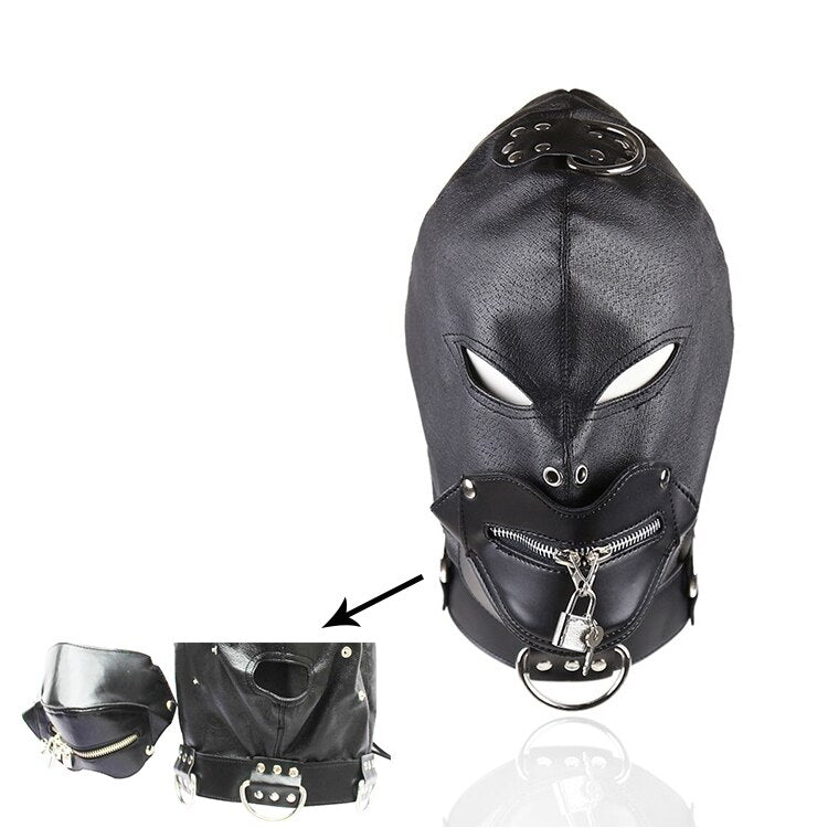 BDSM Headgear- Bondage Head Harness in Faux Leather with Mouth Zipper - ChastityBondage
