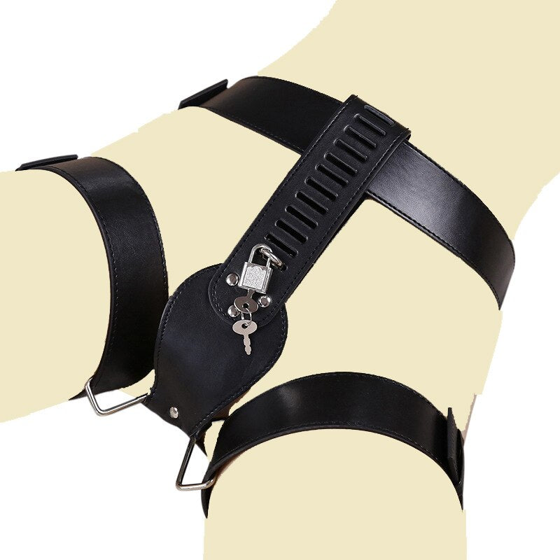 Female Chastity Panties Belt - PU Leather Thongs Pants BDSM Chastity Devcie For Women - ChastityBondage