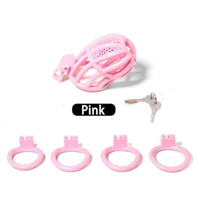 Pink Chastity Cage Detained Restrictive Locking With 4 Base Ring - ChastityBondage
