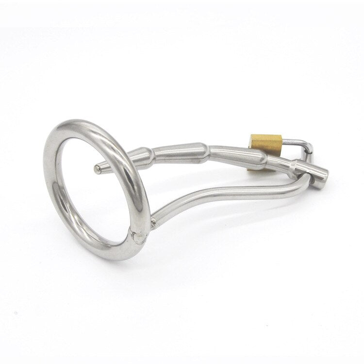 Metal Chastity Cage with Catheter For Men - Penis Ring Plug - ChastityBondage