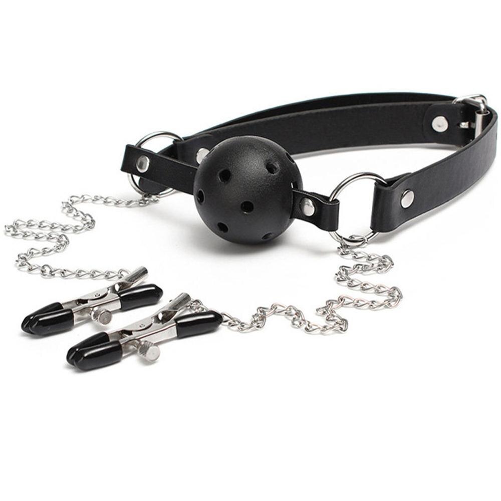 Open Mouth Gag With Nipple Clips - Leather Strap Breathable Bondage Gear BDSM Toy - ChastityBondage