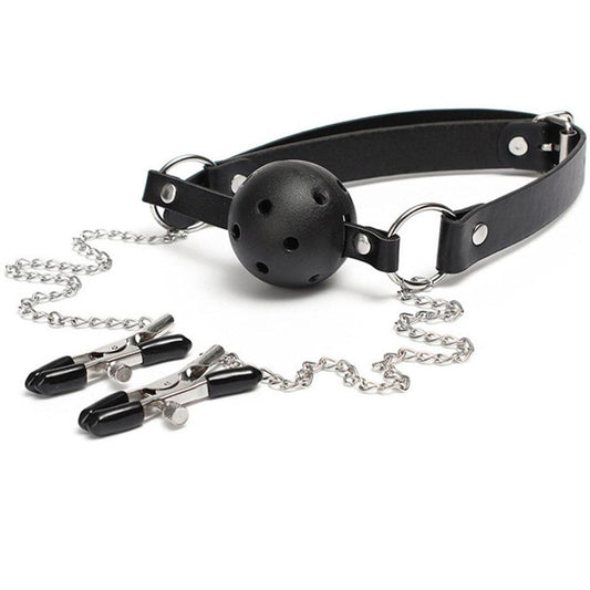 Open Mouth Gag With Nipple Clips - Leather Strap Breathable Bondage Gear BDSM Toy - ChastityBondage