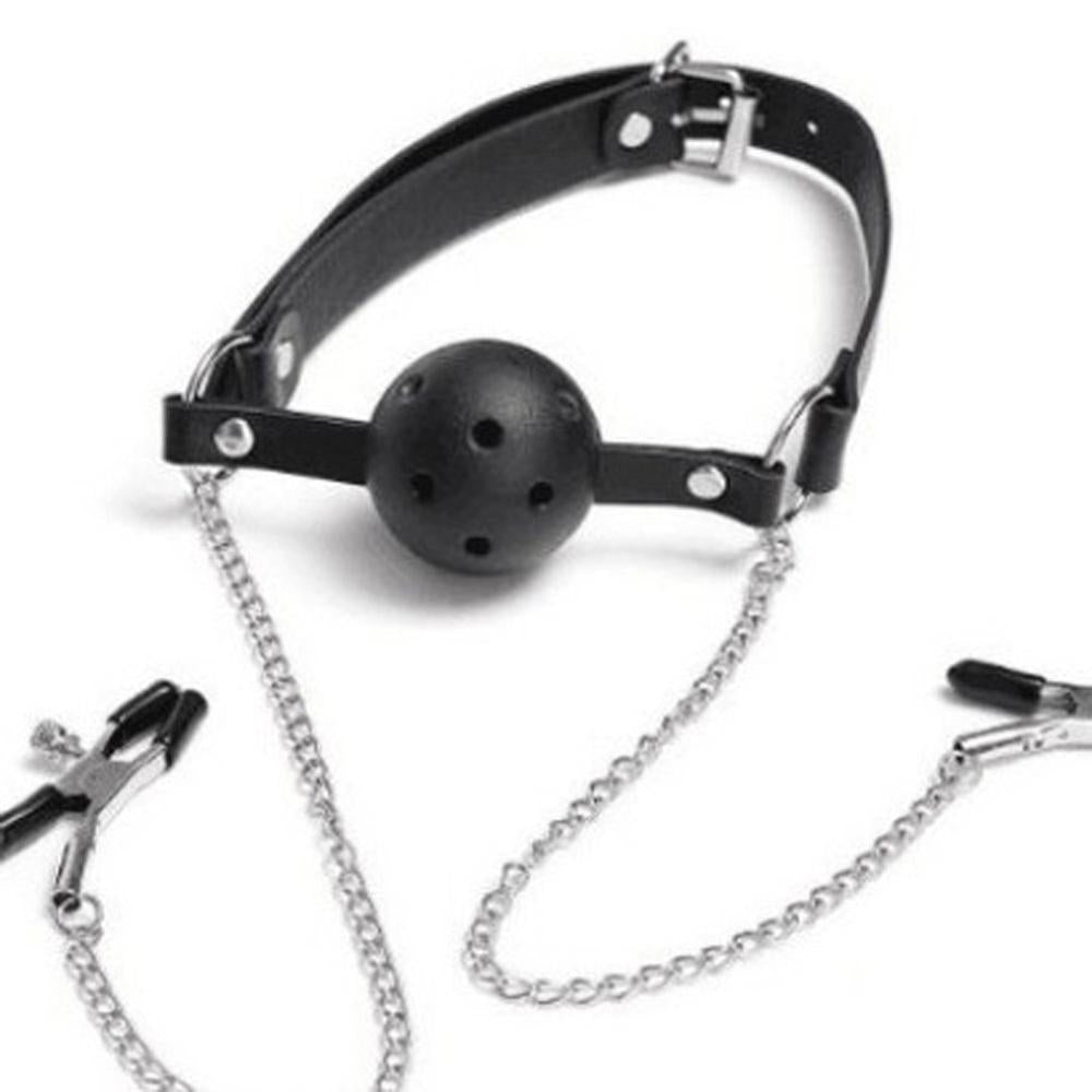 Open Mouth Gag With Nipple Clips - Leather Strap Breathable Bondage Gear BDSM Toy - ChastityBondage