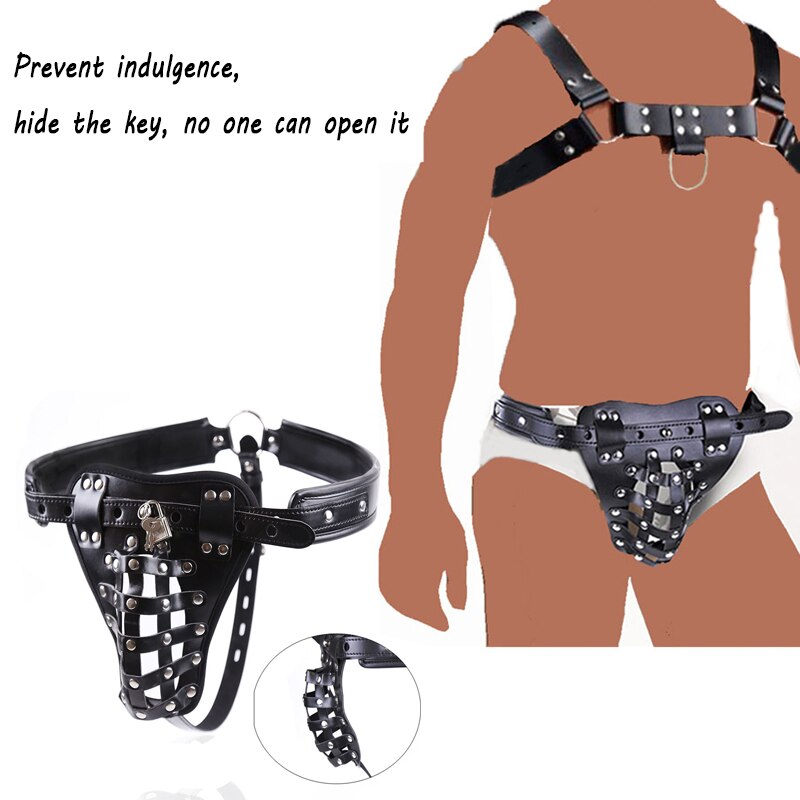 PU Leather Male Sexy Chastity Bondage and Chastity Underwear - Lock Adult Erotic Penis Cage Cock Rings - ChastityBondage