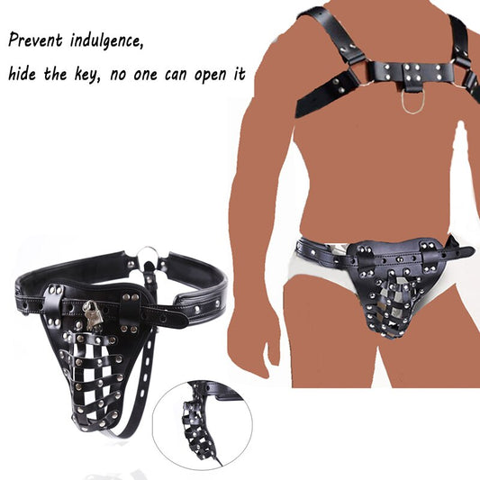 PU Leather Male Sexy Chastity Bondage and Chastity Underwear - Lock Adult Erotic Penis Cage Cock Rings - ChastityBondage