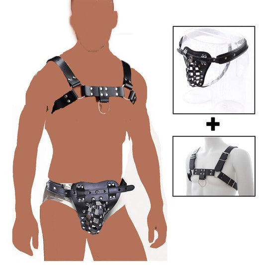 PU Leather Male Sexy Chastity Bondage and Chastity Underwear - Lock Adult Erotic Penis Cage Cock Rings - ChastityBondage