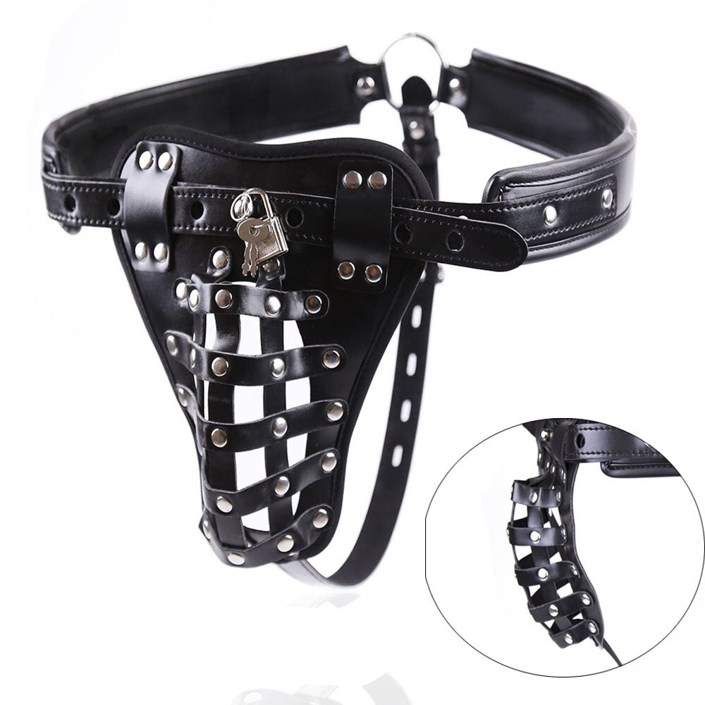 PU Leather Male Sexy Chastity Bondage and Chastity Underwear - Lock Adult Erotic Penis Cage Cock Rings - ChastityBondage