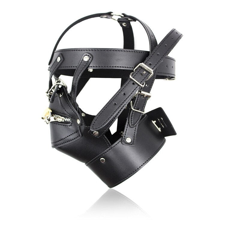 Leather Bondage Hood - BDSM Harness Lockable Mouth Zipper Mask - ChastityBondage