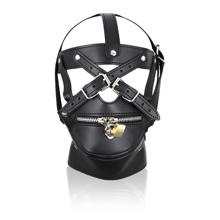Leather Bondage Hood - BDSM Harness Lockable Mouth Zipper Mask - ChastityBondage