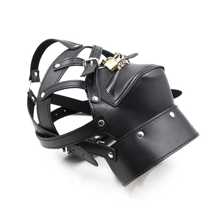 Leather Bondage Hood - BDSM Harness Lockable Mouth Zipper Mask - ChastityBondage